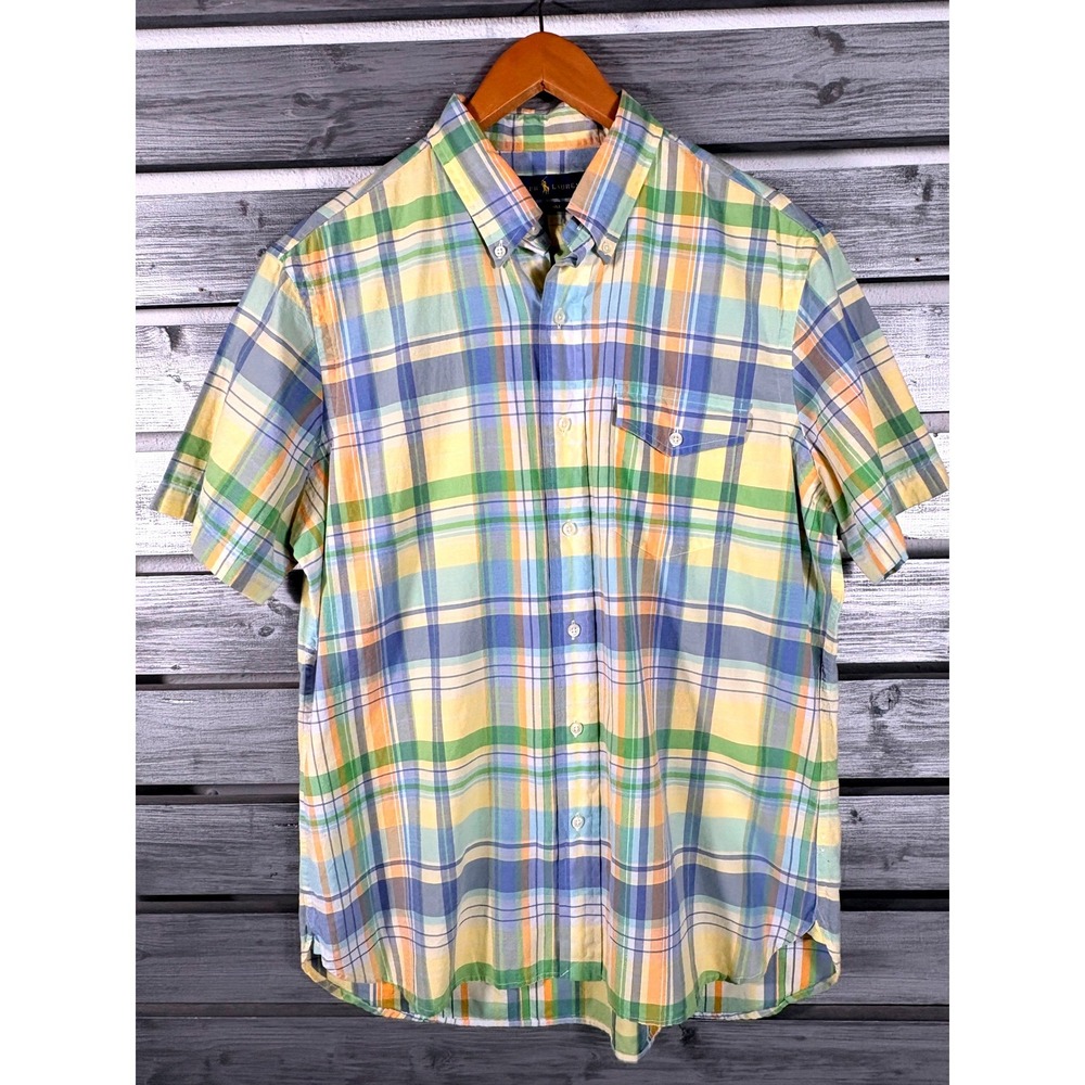 Ralph Lauren Beach Twill Plaid Madras Shirt Mens M Short Sleeve Yellow Blue EUC